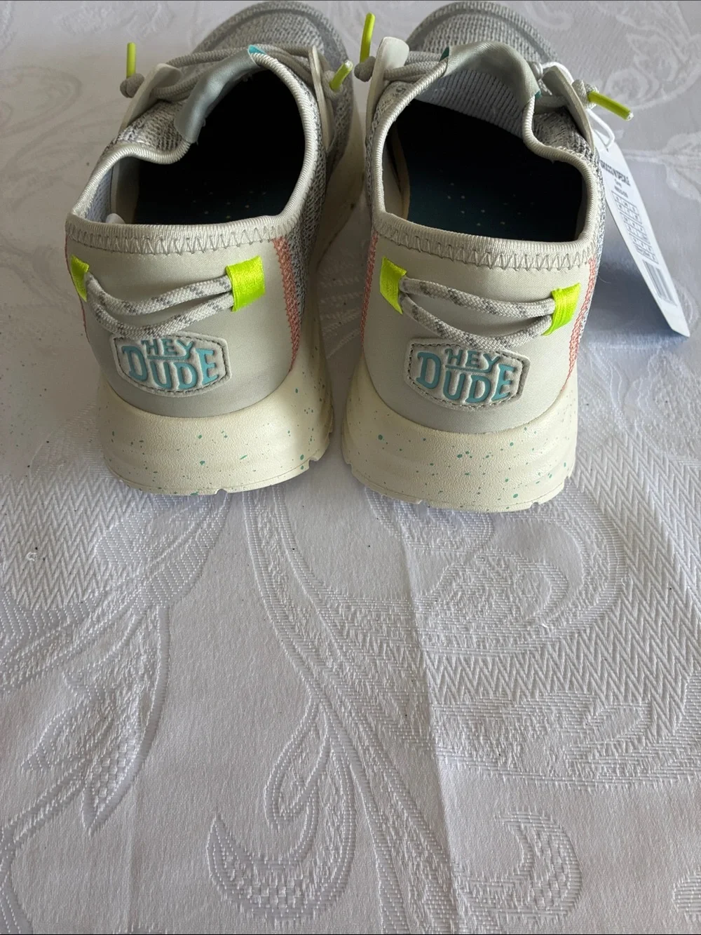Hey Dude Women’s Gray Knit Slip-On Sneakers with Aqua and Neon Yellow Accents